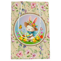 Cute Easter Bunny and Happy Spring Flowers Holiday