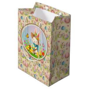 Cute Easter Bunny and Happy Spring Flowers Holiday Medium Gift Bag
