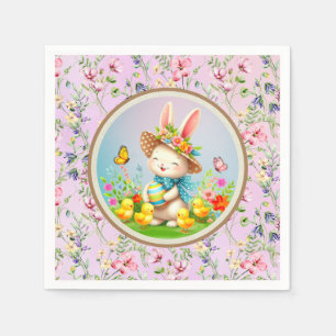 Cute Easter Bunny and Happy Spring Flowers Holiday Napkin