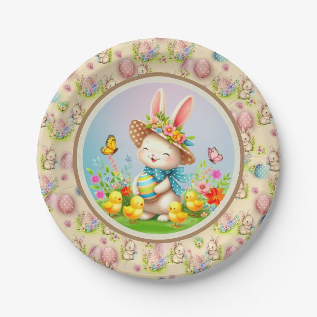 Cute Easter Bunny and Happy Spring Flowers Holiday Paper Plate (Front)