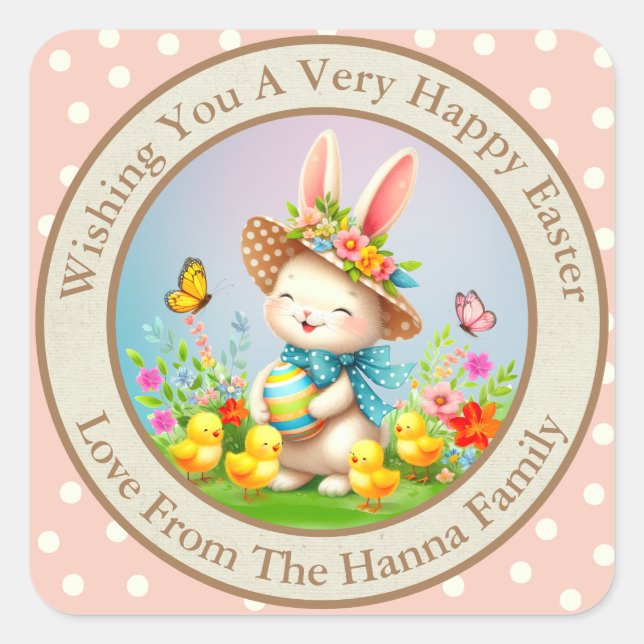 Cute Easter Bunny and Happy Spring Flowers Holiday Square Sticker (Front)