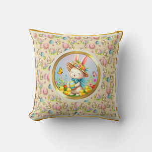 Cute Easter Bunny and Happy Spring Flowers Holiday Throw Pillow