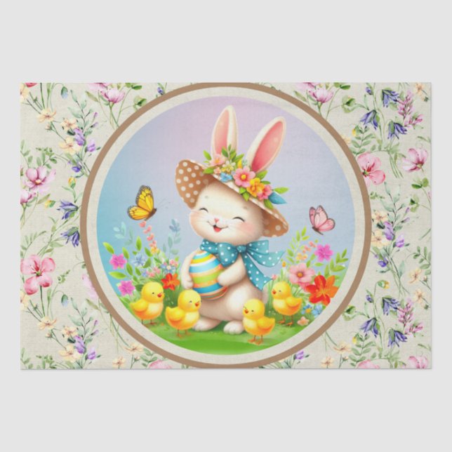 Cute Easter Bunny and Happy Spring Flowers Holiday Tissue Paper (Front)