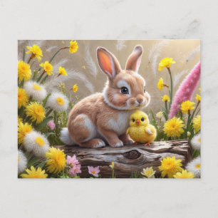 Cute Easter Bunny and Yellow Baby Chick  Holiday Postcard
