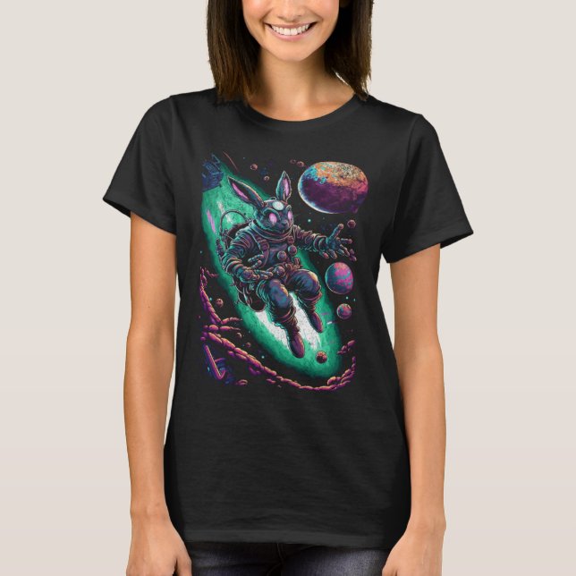 Cute Easter Bunny Astronaut in Space Egg Planets 2 T-Shirt (Front)