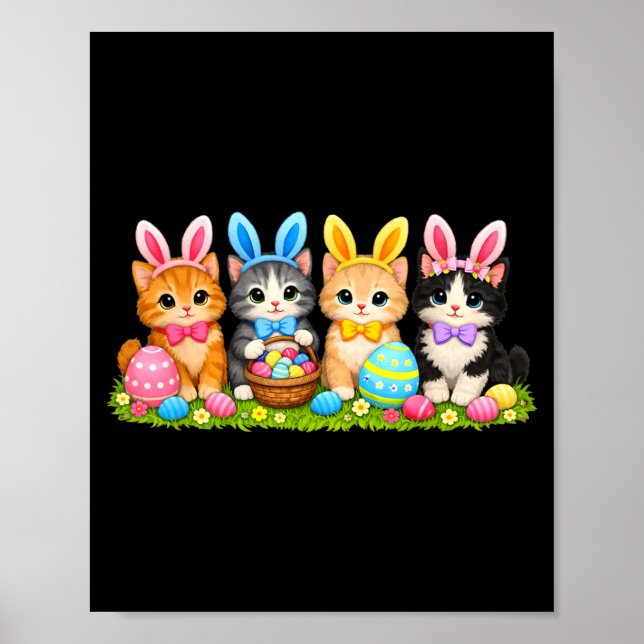Cute Easter Bunny Cats Pastel Eggs Spring Kittens Poster (Front)