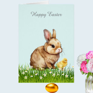 Cute Easter Bunny & Chick on Light Blue