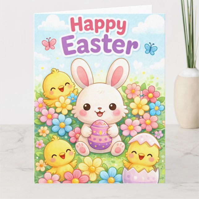 Cute Easter Bunny & Chicks | Happy Easter Card (Front)