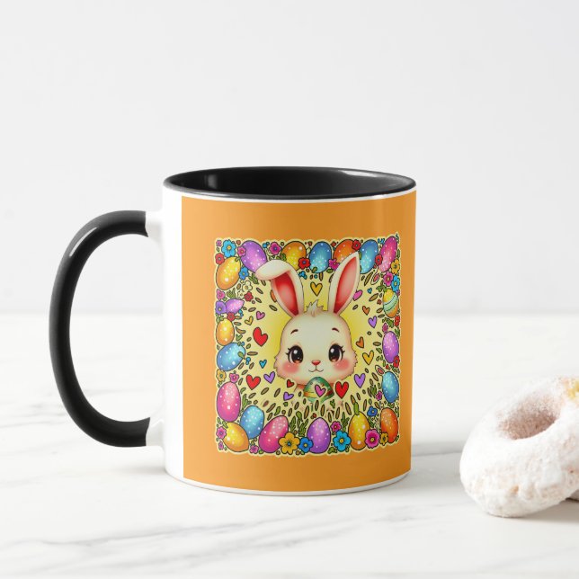 Cute Easter Bunny – Colorful Eggs Art caneca Mug (With Donut)