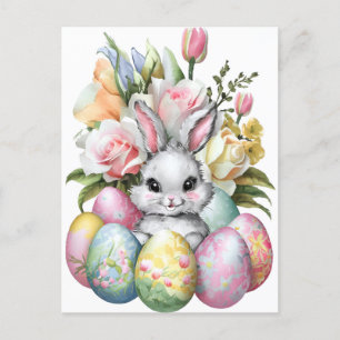 Cute Easter bunny colourful eggs with flowers Holiday Postcard