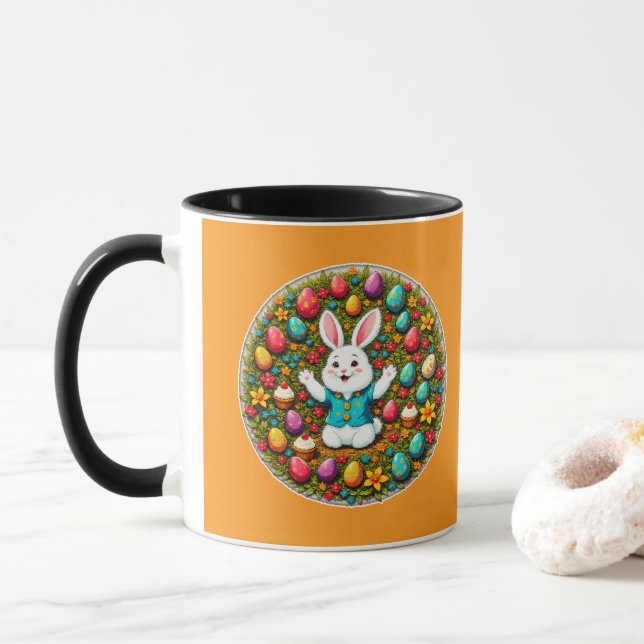 Cute Easter Bunny – Decorative Wreath caneca Mug (With Donut)