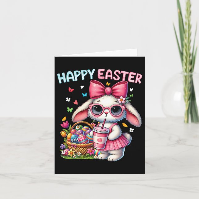 Cute Easter Bunny Drinking Ice Coffee Easter Bow W Card (Front)