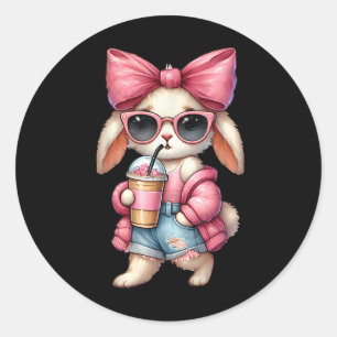 Cute Easter Bunny Drinking Ice Coffee Easter Bow W Classic Round Sticker