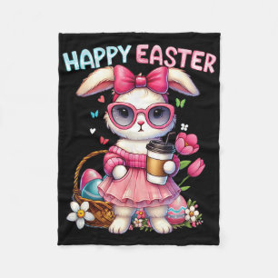 Cute Easter Bunny Drinking Ice Coffee Easter Bow W Fleece Blanket