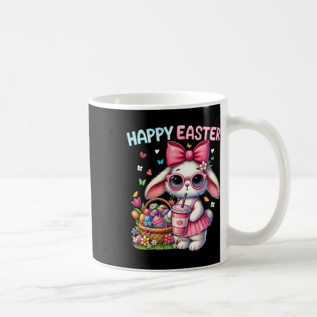 Cute Easter Bunny Drinking Ice Coffee Easter Bow W Mug (Right)