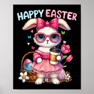 Cute Easter Bunny Drinking Ice Coffee Easter Bow W Poster