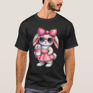 Cute Easter Bunny drinking Ice coffee Easter Bow W T-Shirt