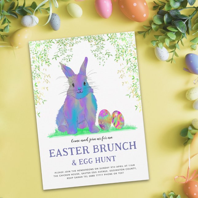 Cute Easter Bunny Egg Hunt and Brunch Purple (Easter egg hunt brunch cute purple bunny and eggs watercolor garden party budget invitation)