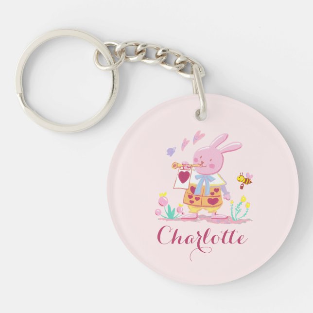 Cute Easter Bunny Egg Pattern Pink Photo Keychain (Front)