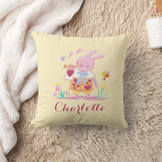 Cute Easter Bunny Egg Pattern Yellow  Throw Pillow (Blanket)