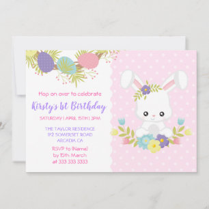 Cute Easter Bunny Eggs Flowers Birthday Party Invitation