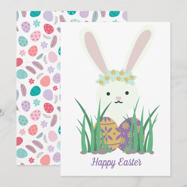Cute Easter Bunny & Eggs Spring Holiday Card (Front/Back)