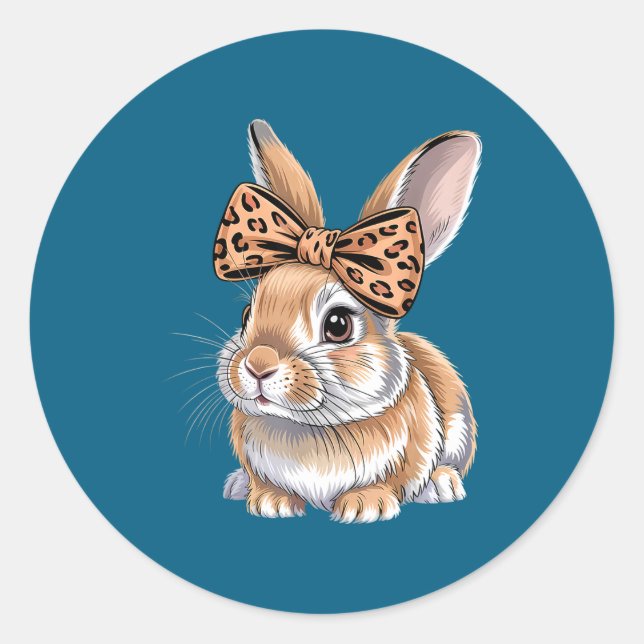 Cute easter bunny face bow leopard rabbit women classic round sticker (Front)