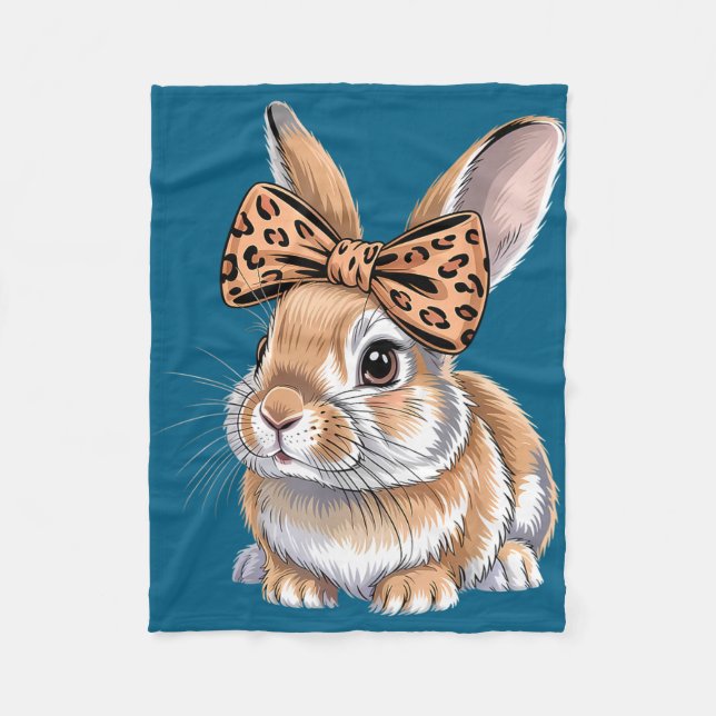 Cute easter bunny face bow leopard rabbit women fleece blanket (Front)