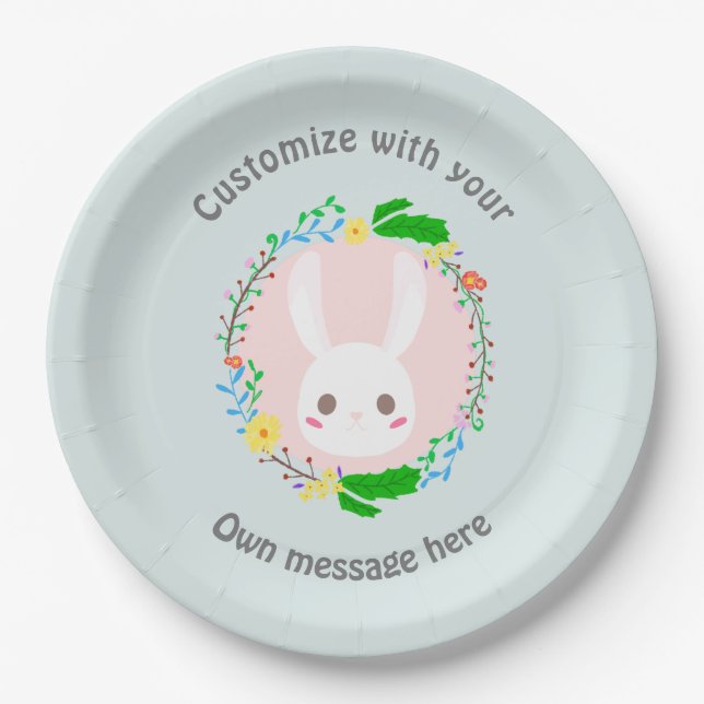 Cute Easter Bunny Face Flower Wreath Custom Paper Plate (Front)