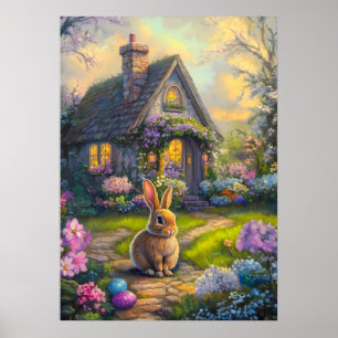 Cute Easter Bunny Floral Painting Poster