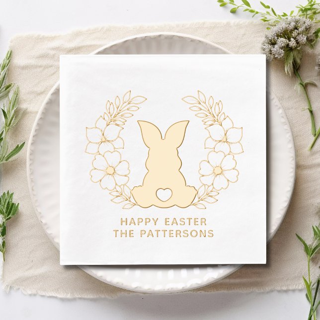 Cute Easter Bunny Floral Wreath Personalized Name Foil Napkins (Creator Uploaded)
