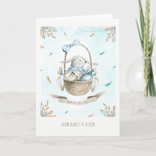 Cute Easter Bunny Flowers & Basket Happy Easter Holiday Card (Front)
