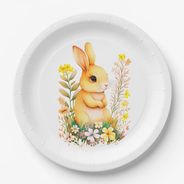 Cute Easter Bunny & Flowers on White Paper Plate (Front)