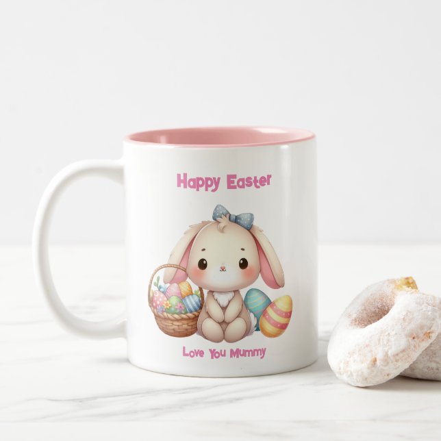 Cute Easter Bunny Girly Pink Customizable Two-Tone Coffee Mug (With Donut)