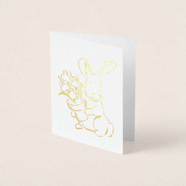 Cute Easter Bunny Hare with Flower Pot Foil Card (Front)