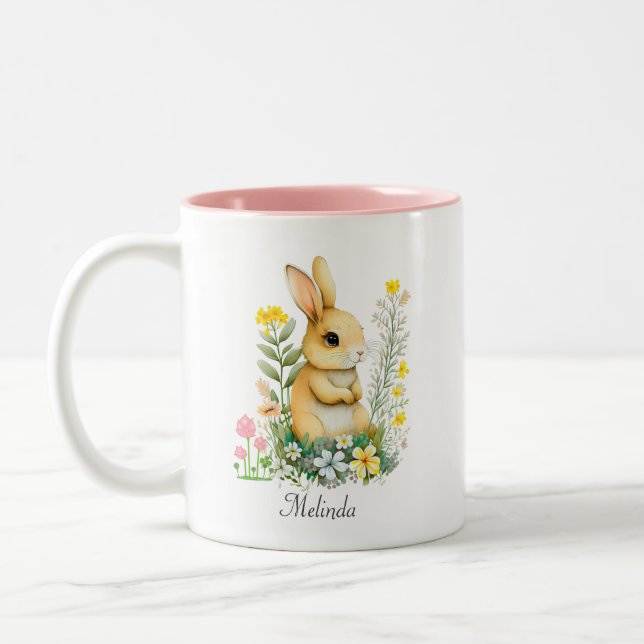 Cute Easter Bunny & Heart Personalized Two-Tone Coffee Mug (Left)