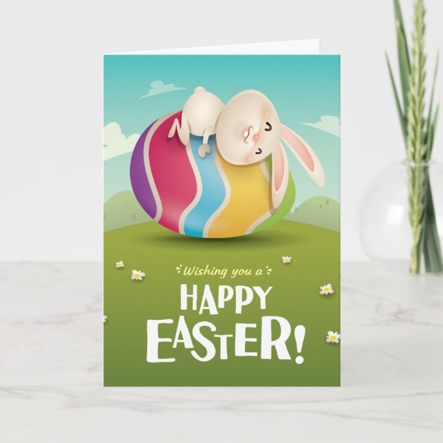 Cute Easter Bunny Hugging Striped Egg Holiday Card (Front)