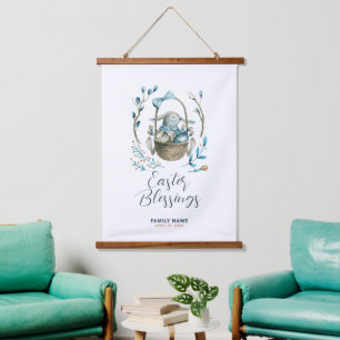 Cute Easter Bunny in a Basket, Custom Text Hanging Tapestry