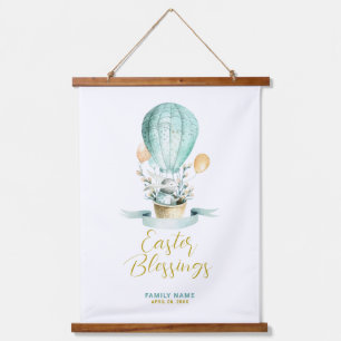 Cute Easter Bunny in a Hot Balloon, Custom Text Hanging Tapestry