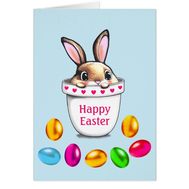 Cute Easter Bunny in a Plant Pot & Colourful Eggs  (Front)