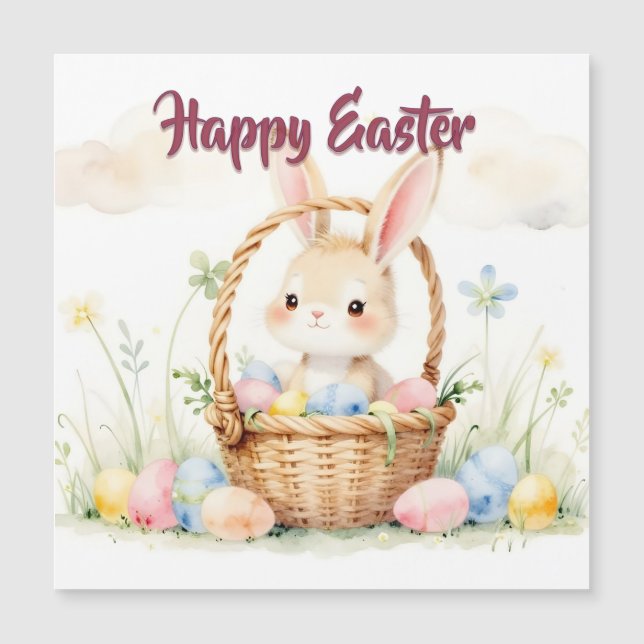 Cute Easter Bunny in Basket with Colorful Eggs (Front)