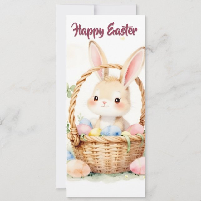 Cute Easter Bunny in Basket with Colourful Eggs (Front)