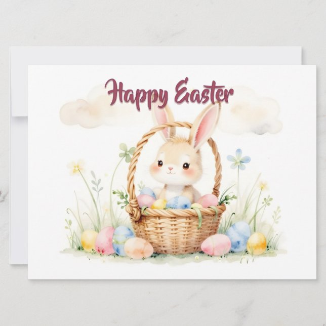 Cute Easter Bunny in Basket with Colourful Eggs (Front)