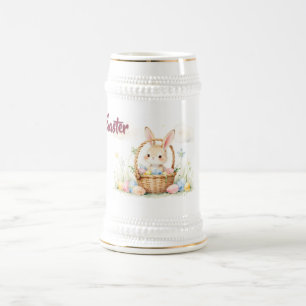 Cute Easter Bunny in Basket with Colourful Eggs Beer Stein