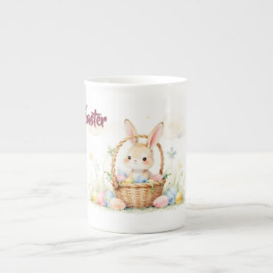 Cute Easter Bunny in Basket with Colourful Eggs Bone China Mug