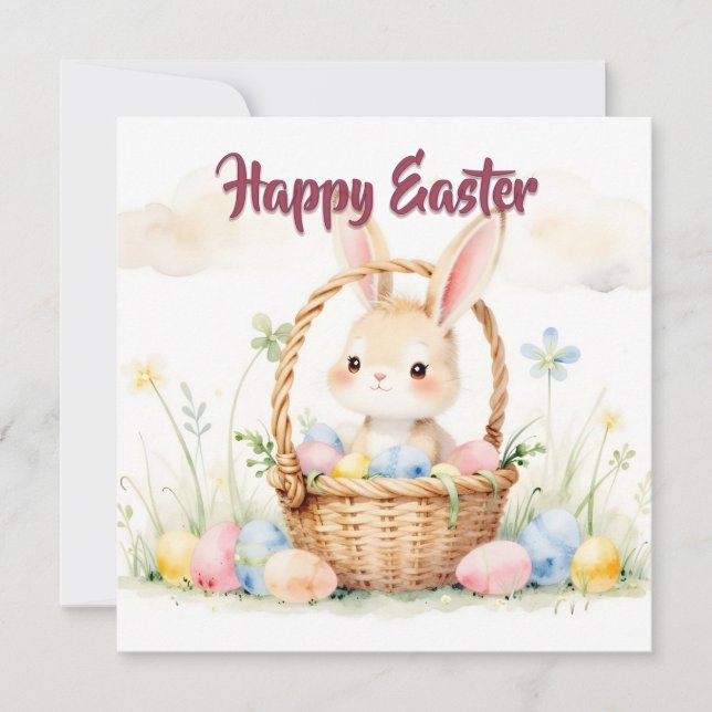 Cute Easter Bunny in Basket with Colourful Eggs Card (Front)