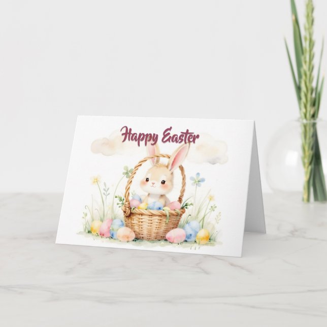 Cute Easter Bunny in Basket with Colourful Eggs Card (Front)