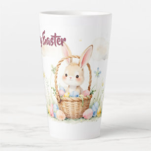 Cute Easter Bunny in Basket with Colourful Eggs Latte Mug
