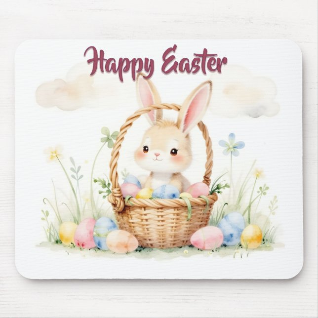 Cute Easter Bunny in Basket with Colourful Eggs Mouse Pad (Front)