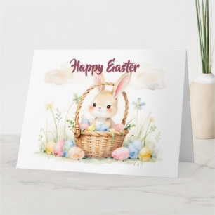 Cute Easter Bunny in Basket with Colourful Eggs Thank You Card